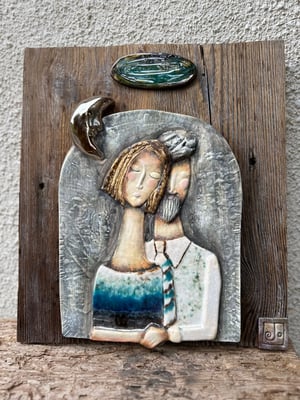 Image of Moonlight Couple Ceramic Sculpture on Wood Wall Art