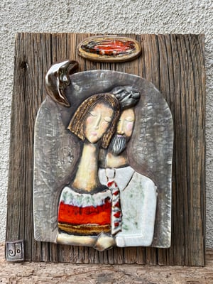 Image of Moonlight Couple Ceramic Sculpture on Wood Wall Art