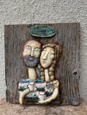 Relaxing Couple with a Cuppa Ceramic Sculpture on Wood Wall Art