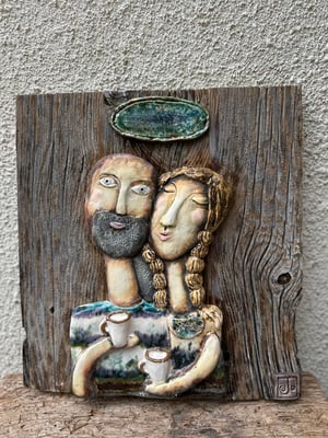 Image of Sculpture on Wood Couple Drinking Coffee Wall Decoration | Various Colours