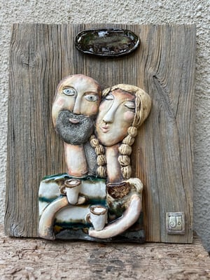 Image of Sculpture on Wood Couple Drinking Coffee Wall Decoration | Various Colours