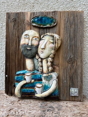 Image of Sculpture on Wood Couple Drinking Coffee Wall Decoration | Various Colours
