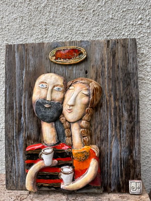 Image of Sculpture on Wood Couple Drinking Coffee Wall Decoration | Various Colours