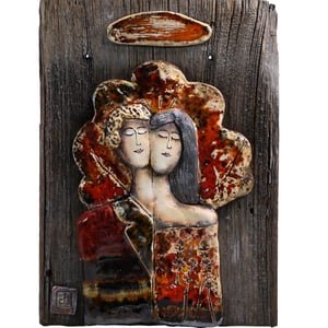 Image of Couple under the Tree Ceramic Sculpture on Wood Wall Art