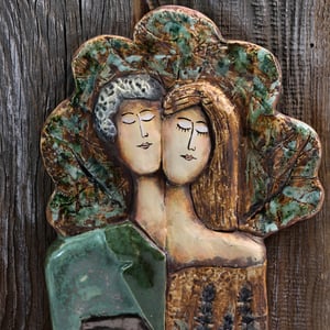 Image of Couple under the Tree Ceramic Sculpture on Wood Wall Art
