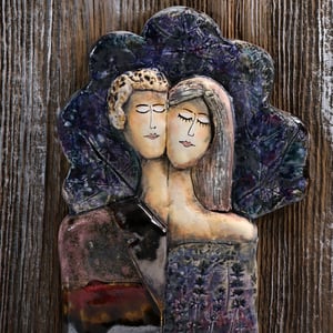 Image of Couple under the Tree Ceramic Sculpture on Wood Wall Art