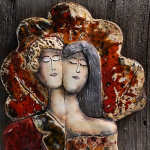 Image of Couple under the Tree Ceramic Sculpture on Wood Wall Art