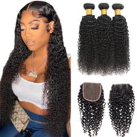 Image 1 of Super Virgin 300G Virgin Brazilian Hair Kinky Curly Bundles with 5x5 Closure