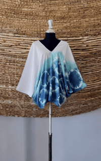 5 White Blue Hand Tie Dyed Dolman Sleeve Top Blouse Shirt