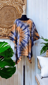 7 Orange Blue Hand Tie Dyed Dolman Sleeve Cover Up Poncho Top