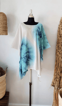 12 White Blue Hand Tie Dyed Dolman Sleeve Cover Up Poncho Top