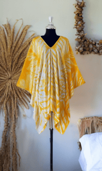 14 Yellow White Hand Tie Dyed Dolman Sleeve Cover Up Poncho Top