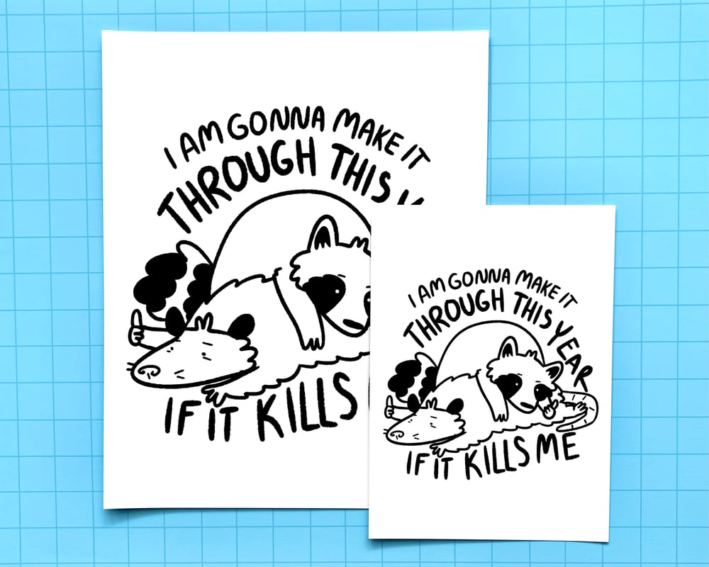 Image of Raccoon and possum holding it together print - inspired by lyrics from the Mountain Goats