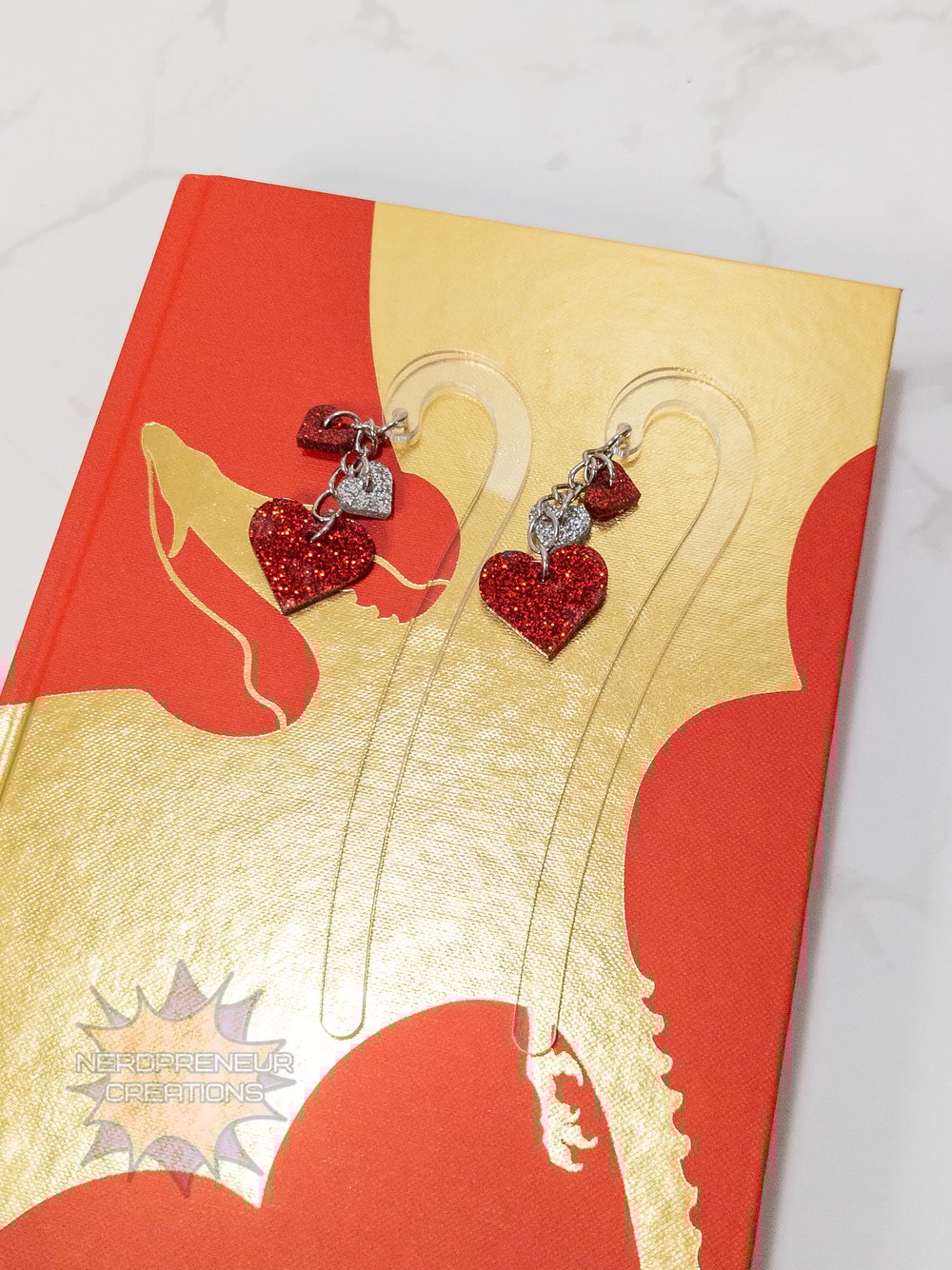 Image of Valentine’s Day Acrylic Hook Bookmark with Heart Charm Dangle