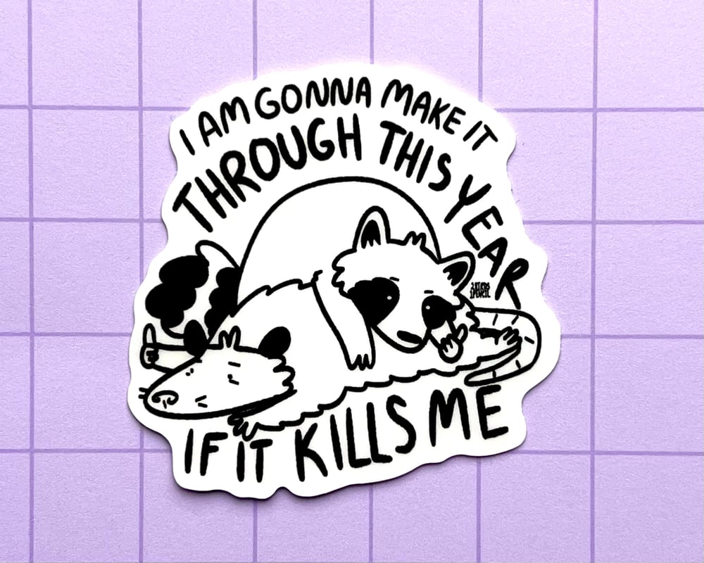 Image of Raccoon and possum holding it together vinyl sticker - inspired by lyrics from the Mountain Goats