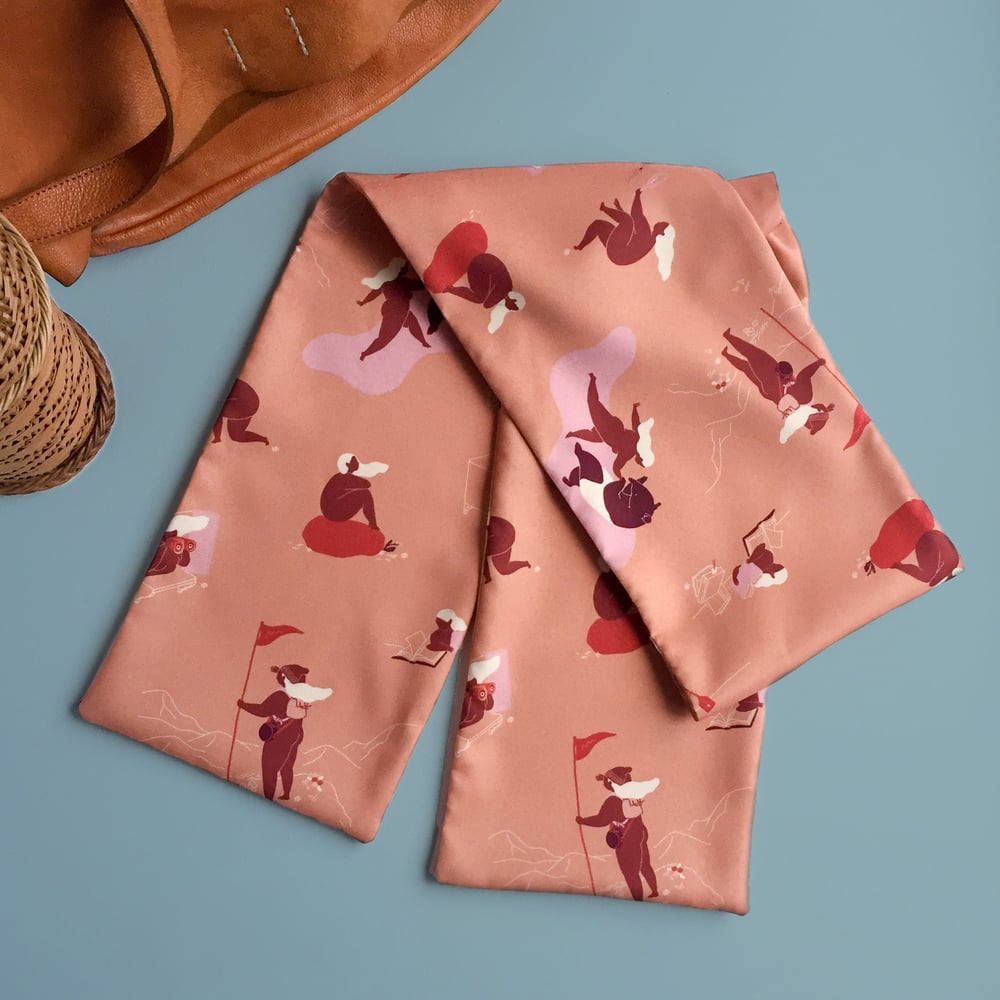 Image of Scarf 'Searching' - featuring binoculars, magnifying glass, mountain climbing, zip line, dancing ...
