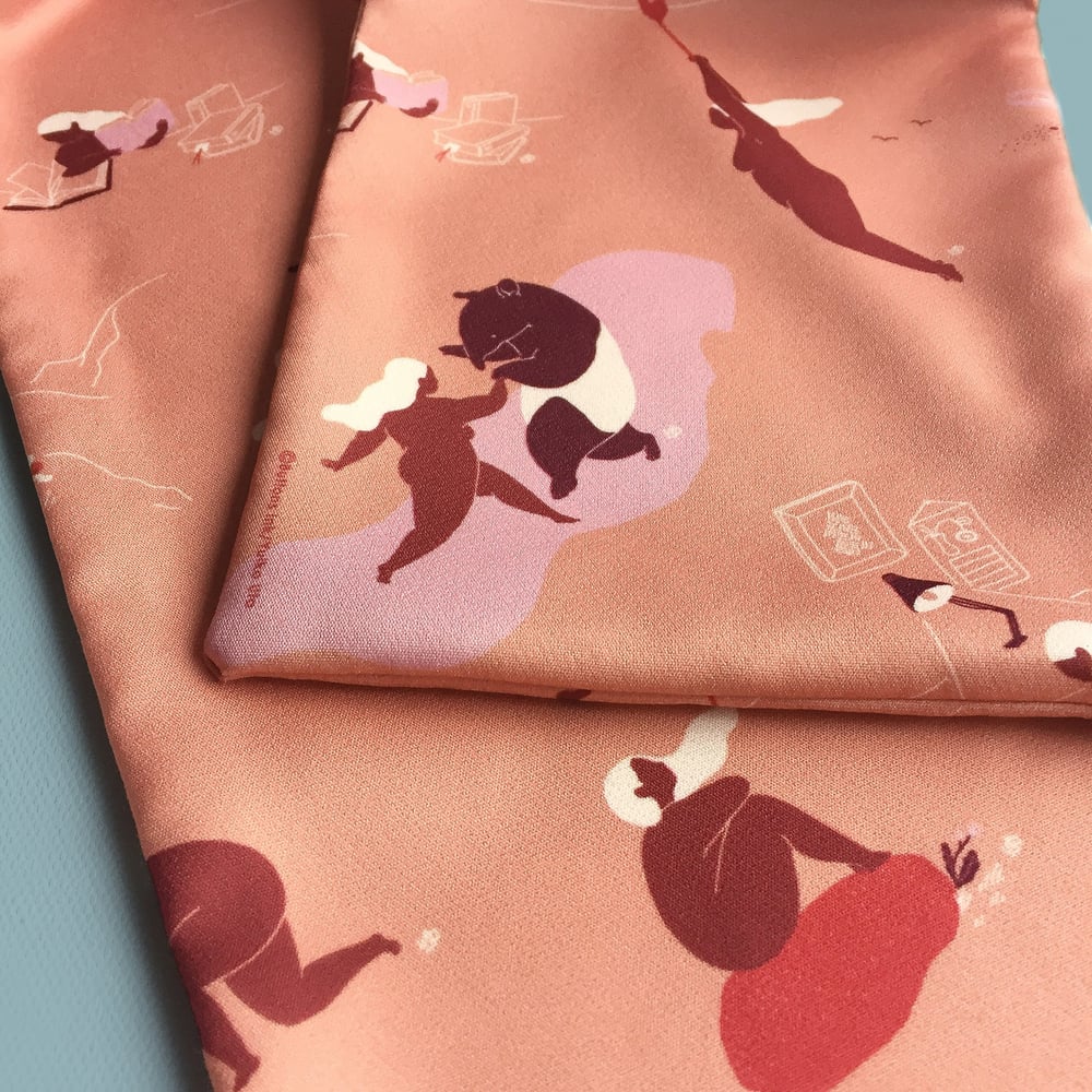 Image of Scarf 'Searching' - featuring binoculars, magnifying glass, mountain climbing, zip line, dancing ...