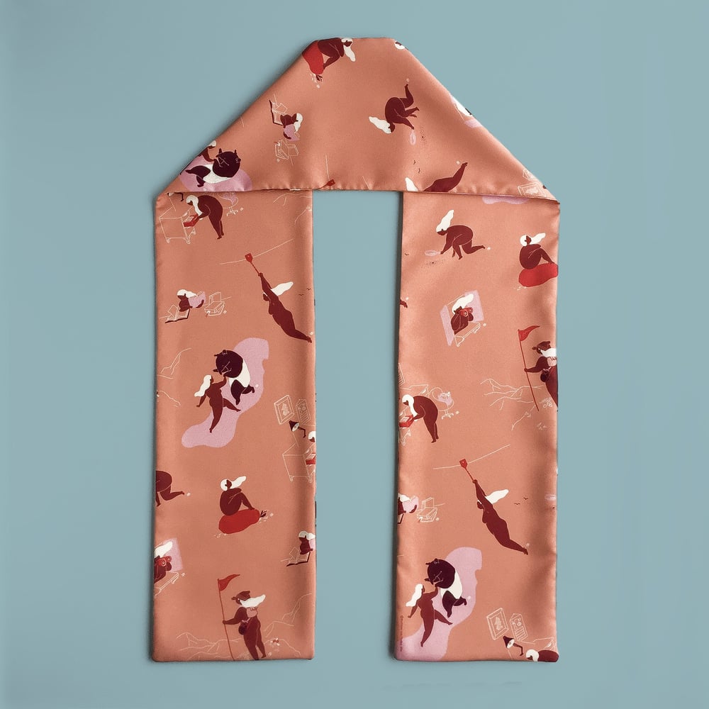 Image of Scarf 'Searching' - featuring binoculars, magnifying glass, mountain climbing, zip line, dancing ...