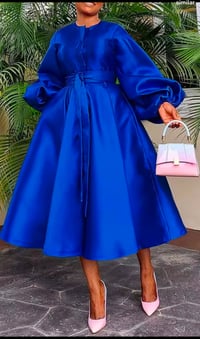 Image 1 of Satin Lantern Sleeve Belted Button  Maxi Dress
