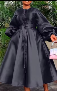 Image 2 of Satin Lantern Sleeve Belted Button  Maxi Dress