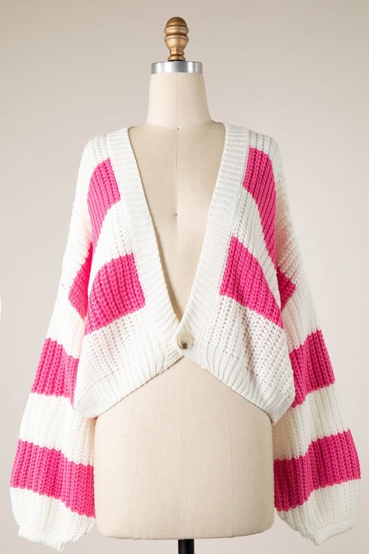 Image of stripped cable knit cardigan (pink)