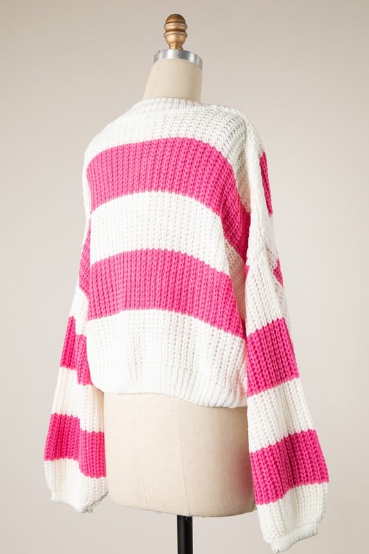 Image of stripped cable knit cardigan (pink)