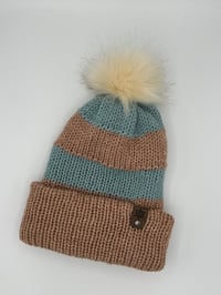 Image 4 of Striped Beanie with Faux Fur Pom Pom 