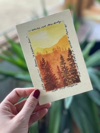 Image 1 of "Western Sun" watercolor lyric art, sunset mountain and forest scene