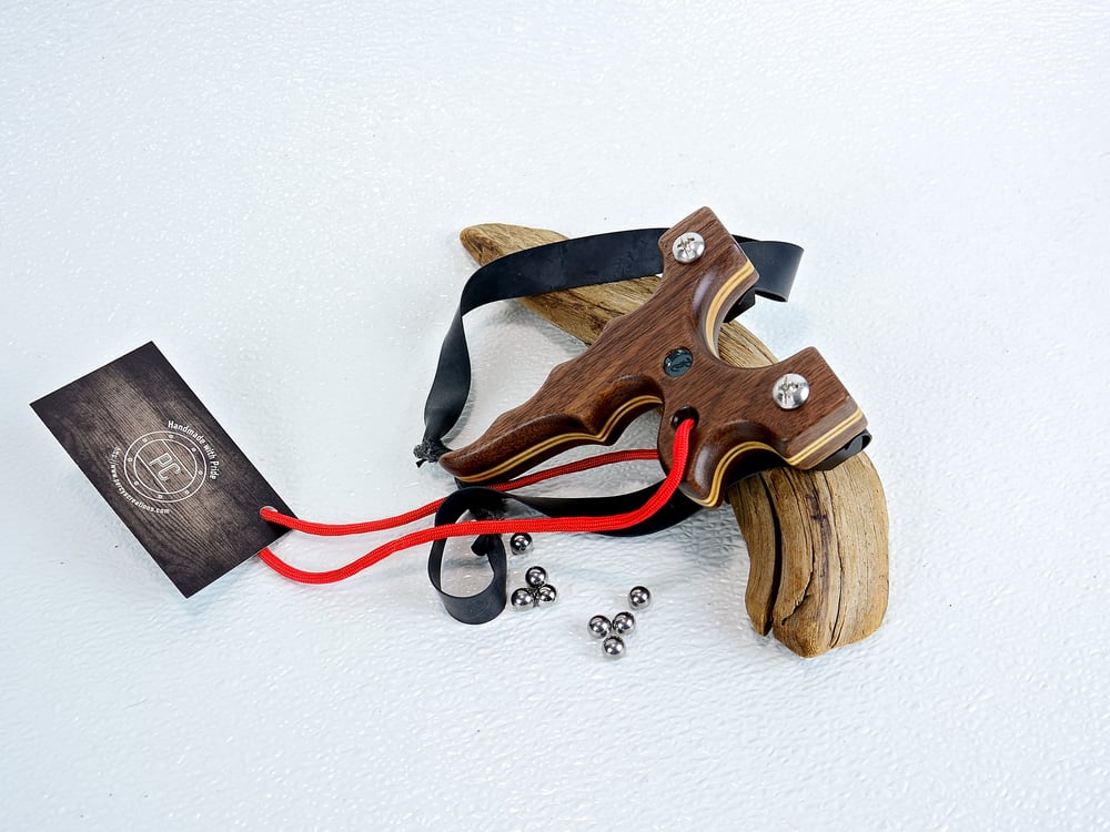 Image of Dark Walnut Wooden Sling Shot, Wood Catapult, The Twister, Right hand shooter