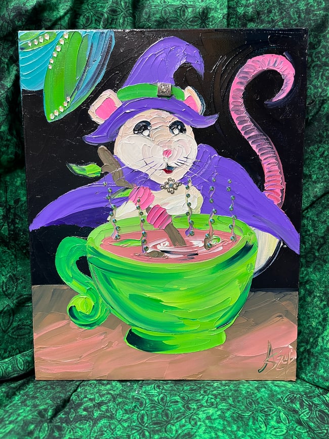 “Cauldron Witchery” - 11”x14” oil on canvas with gems, ready to ship TODAY