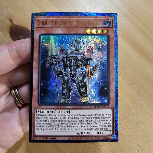 Image of Girsu, the Orcust Mekk-Knight Etched Card Experiment (Stripped, etched, recolored border)