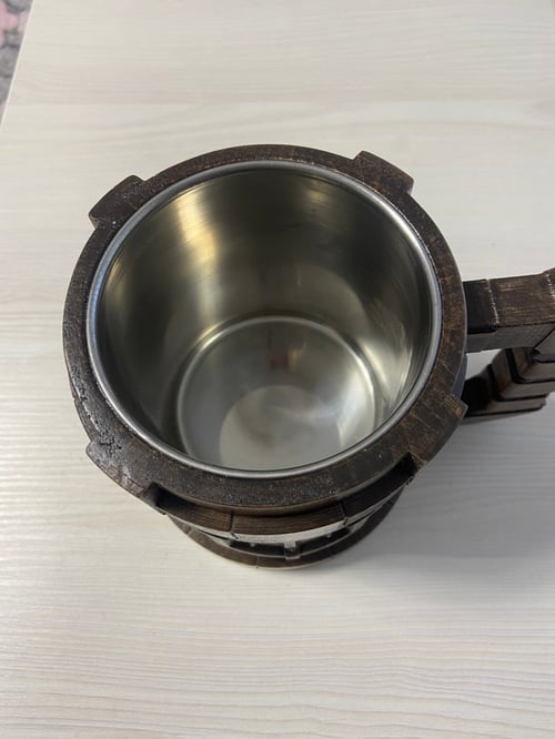 Image of Deep Rock Galactic wooden beer mug, steel inside, gamers gift