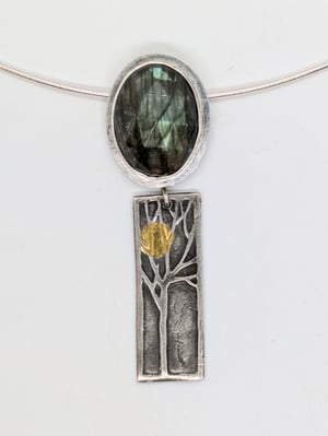 Image of Tree pendant with 24k gold moon and labradorite on neck cable or choice of chain