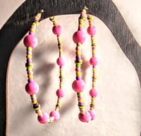 Image 1 of Carnation Pink, Lavender, Yellow, Lime Green, and Gold Multicolor Beaded Extra Large Hoop Earrings