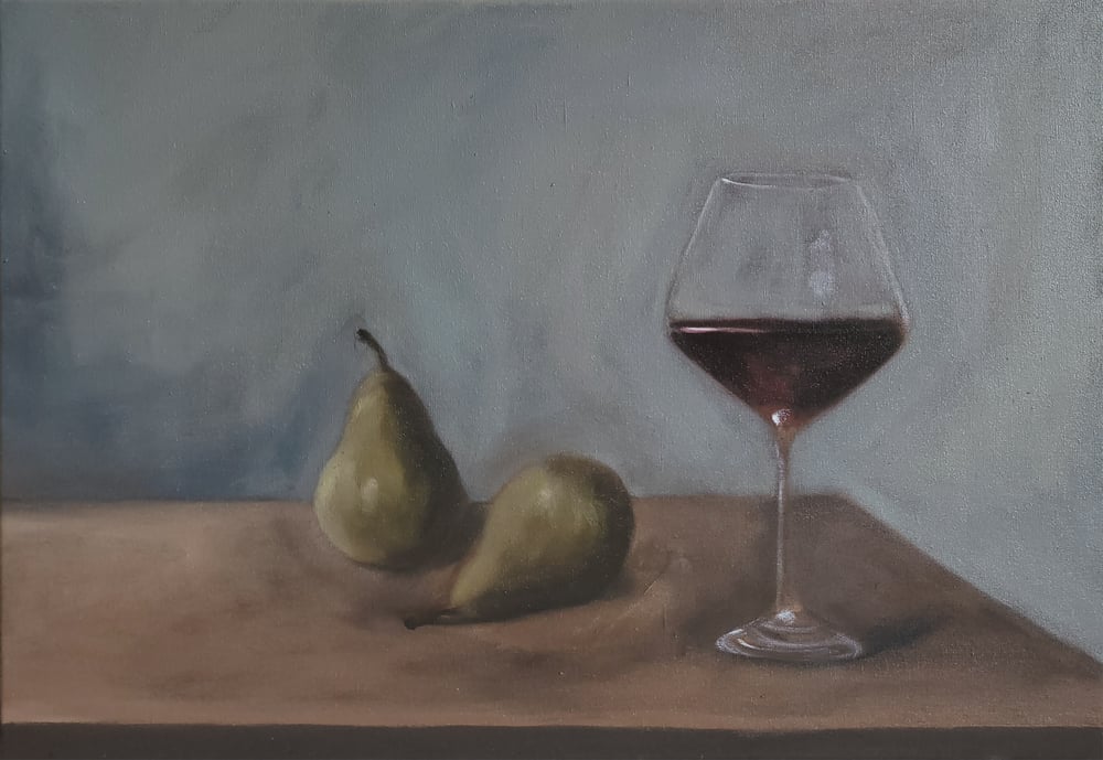 Image of Poires et verre de vin rouge