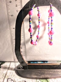 Image 5 of Carnation Pink, Lavender, Dark Blue, Ocean Blue, & Gold Multicolor Beaded Extra Large Hoop Earrings
