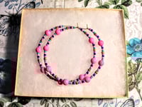 Image 7 of Carnation Pink, Lavender, Dark Blue, Ocean Blue, & Gold Multicolor Beaded Extra Large Hoop Earrings