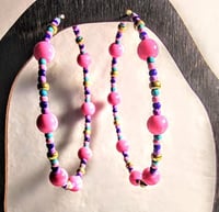 Image 1 of Carnation Pink, Lavender, Dark Blue, Ocean Blue, & Gold Multicolor Beaded Extra Large Hoop Earrings