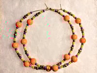 Image 8 of Daisy Orange, Leaf Green, Purple, and Copper Multicolor Beaded Extra Large Hoop Earrings