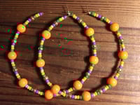 Image 4 of Daisy Orange, Leaf Green, Purple, and Copper Multicolor Beaded Extra Large Hoop Earrings