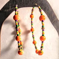 Image 1 of Daisy Orange, Leaf Green, Purple, and Copper Multicolor Beaded Extra Large Hoop Earrings