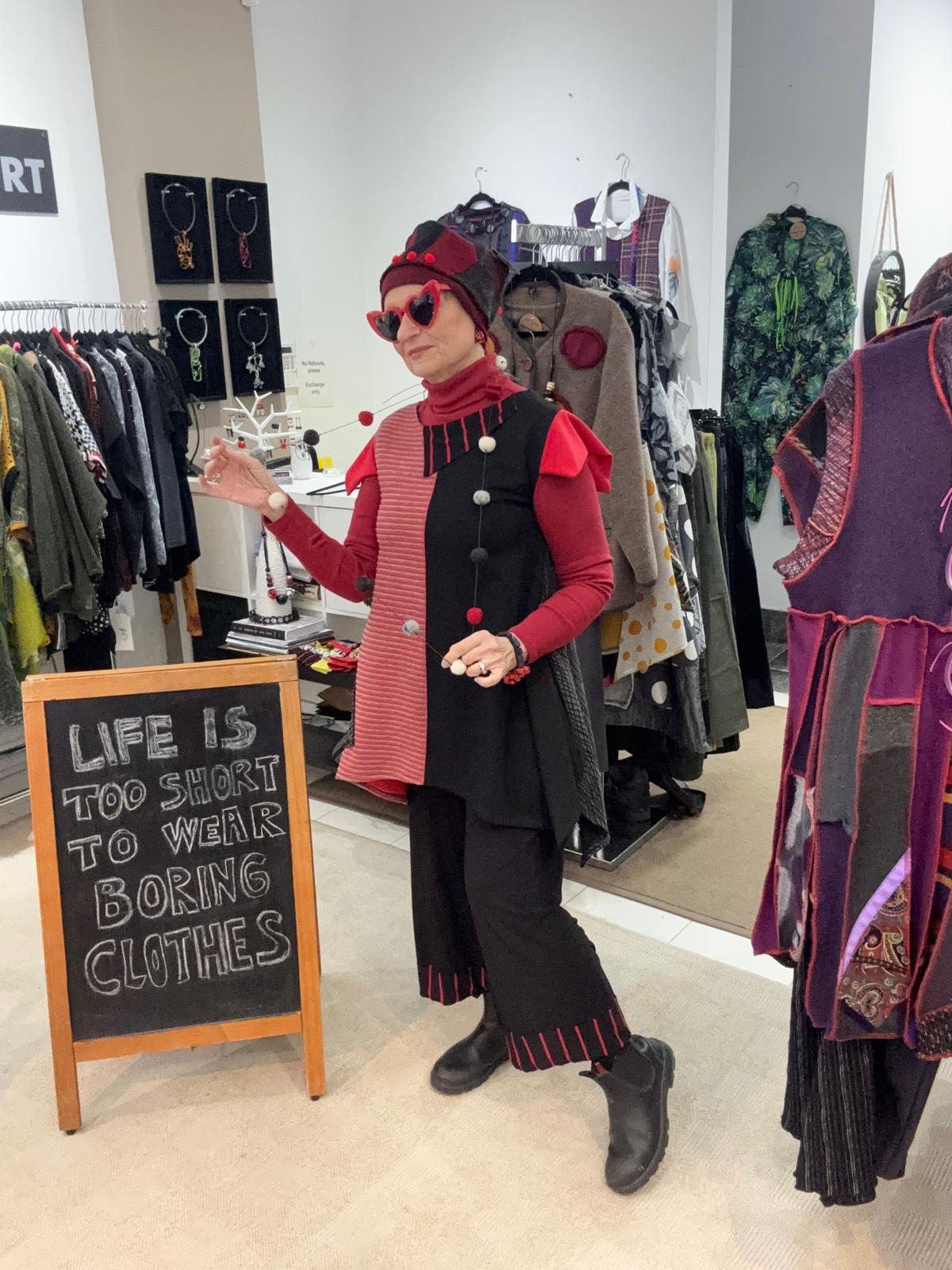 Image of black, white and red tunic, one of a kind