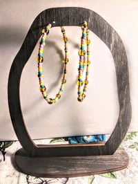 Image 6 of Honey Yellow, Ocean Blue, Orange, Lavender, and Gold Multicolor Beaded Extra Large Hoop Earrings