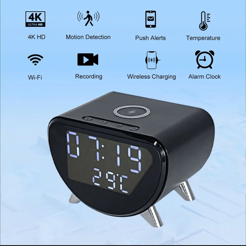 MSL 4K HD WiFi Mini Camera Clock | Wireless Charging, Remote View, Motion Detection, Home Security