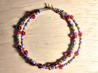 Image 1 of Cherry Red, Lime Green, Lavender, Sky Blue, and Gold Multicolor Beaded Extra Large Hoop Earrings