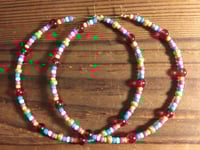 Image 4 of Cherry Red, Lime Green, Lavender, Sky Blue, and Gold Multicolor Beaded Extra Large Hoop Earrings