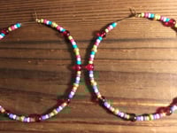 Image 3 of Cherry Red, Lime Green, Lavender, Sky Blue, and Gold Multicolor Beaded Extra Large Hoop Earrings
