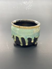 Image 4 of Small Matte Black Footed Ceramic Bowl with Jade Green Glaze