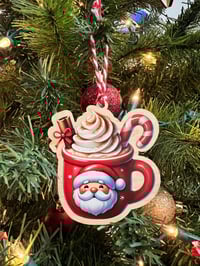 Image 1 of Wooden Santa Hot Cocoa Coffee Lover Christmas Ornament