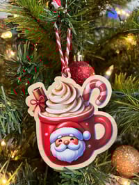 Image 2 of Wooden Santa Hot Cocoa Coffee Lover Christmas Ornament